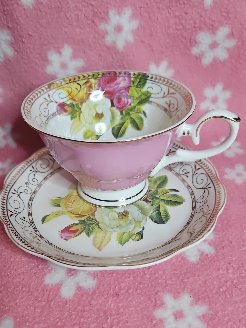 Pink Floral Porcelain Teacup & Saucer Set with Gold Trim